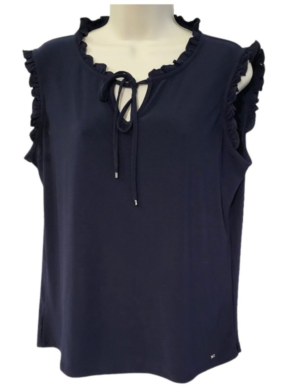 TOMMY HILFIGER NWT Dark Navy Sleeveless Tie-Neck Ruffle Front Blouse - Women's L